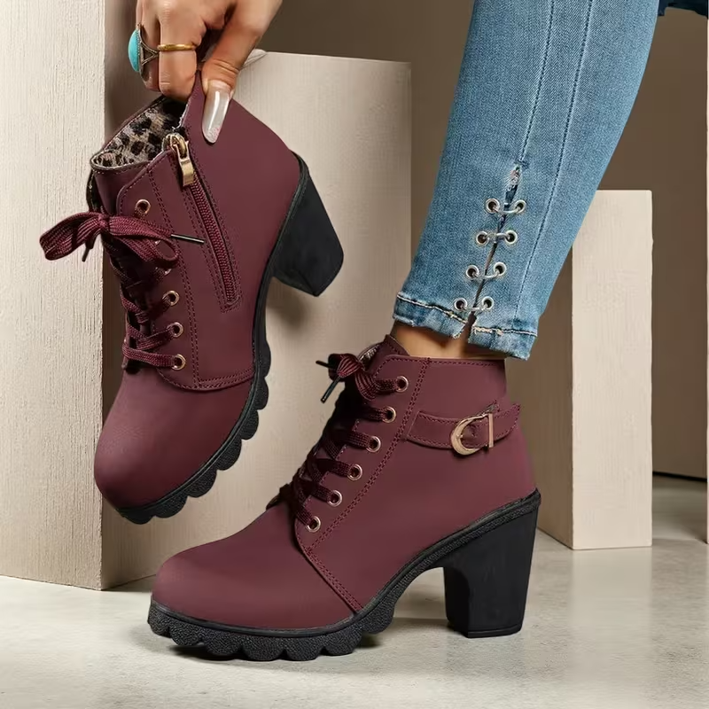 Katrina™ - Chic Lace-Up Metal Buckle Chunky Ankle Boots