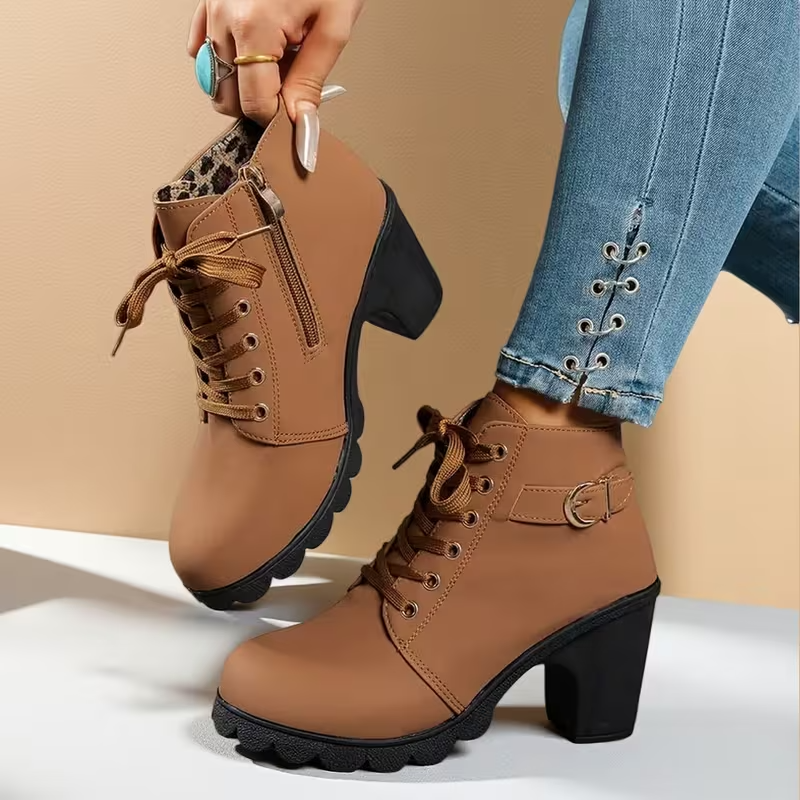 Katrina™ - Chic Lace-Up Metal Buckle Chunky Ankle Boots