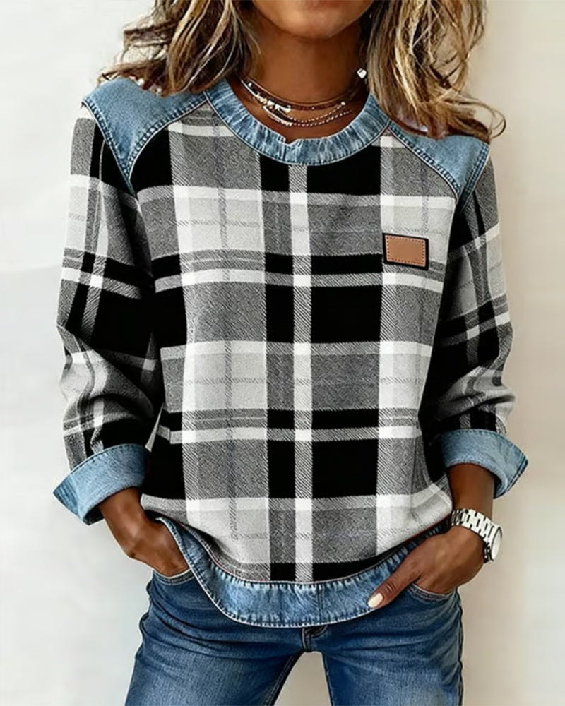 Kaety™ - Sweatshirt with Checkered Patchwork