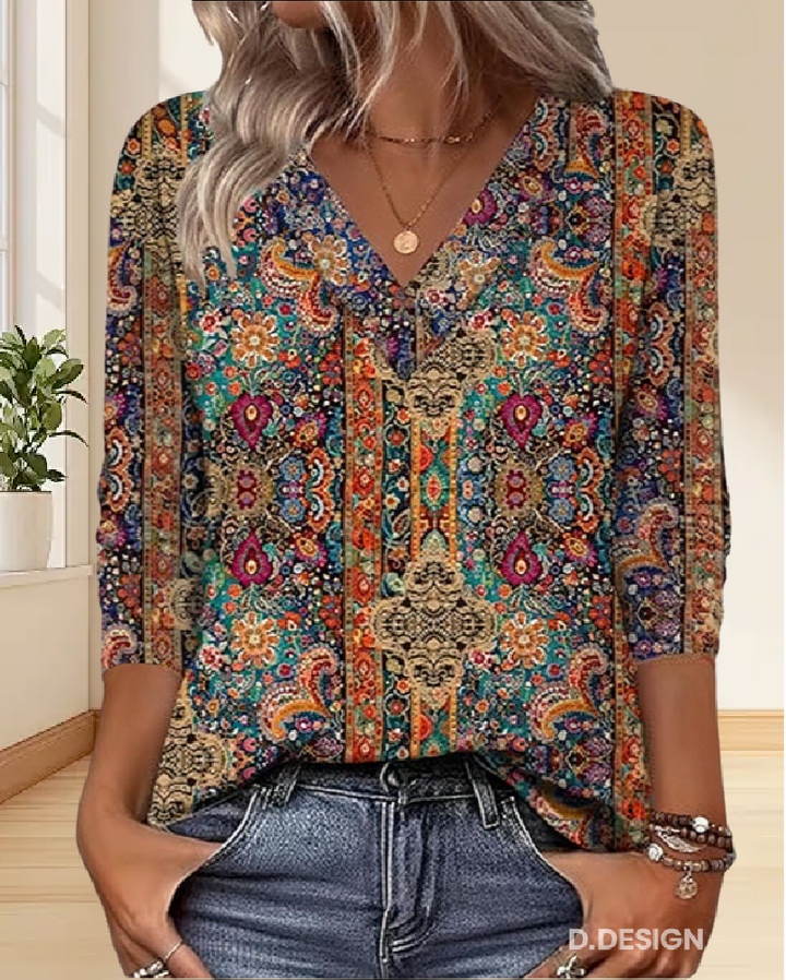 Ayla™ - Retro Printed Blouse with V-Neck