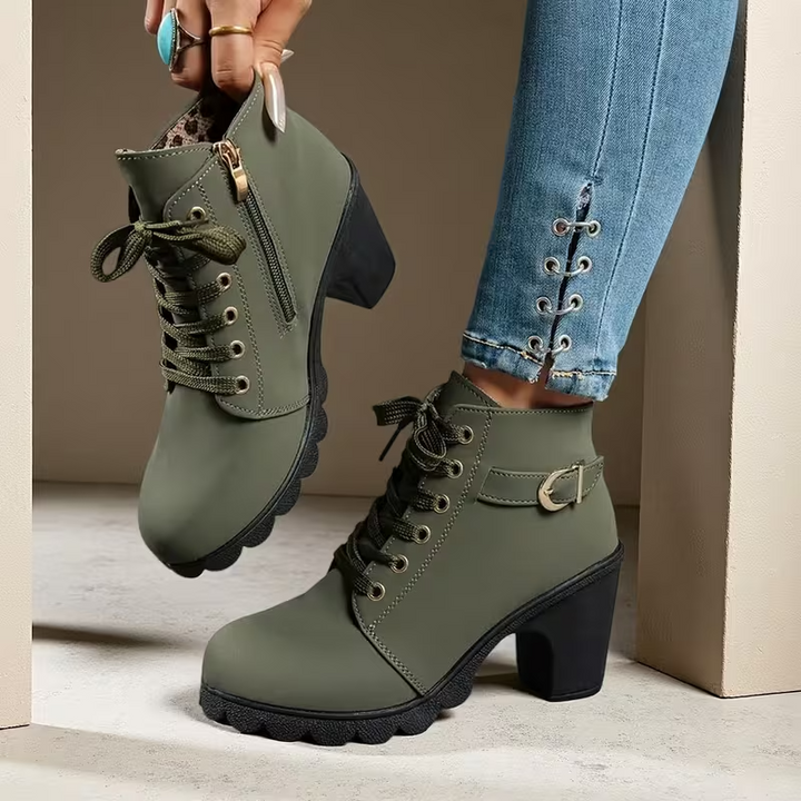 Katrina™ - Chic Lace-Up Metal Buckle Chunky Ankle Boots
