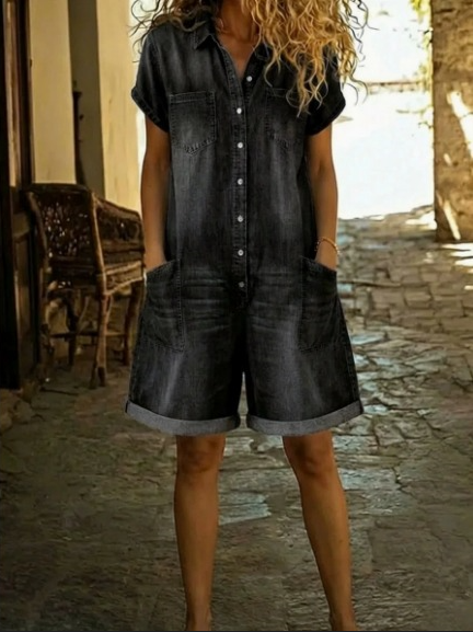 Enora™ - Denim Playsuit with a Collar and Short Sleeves