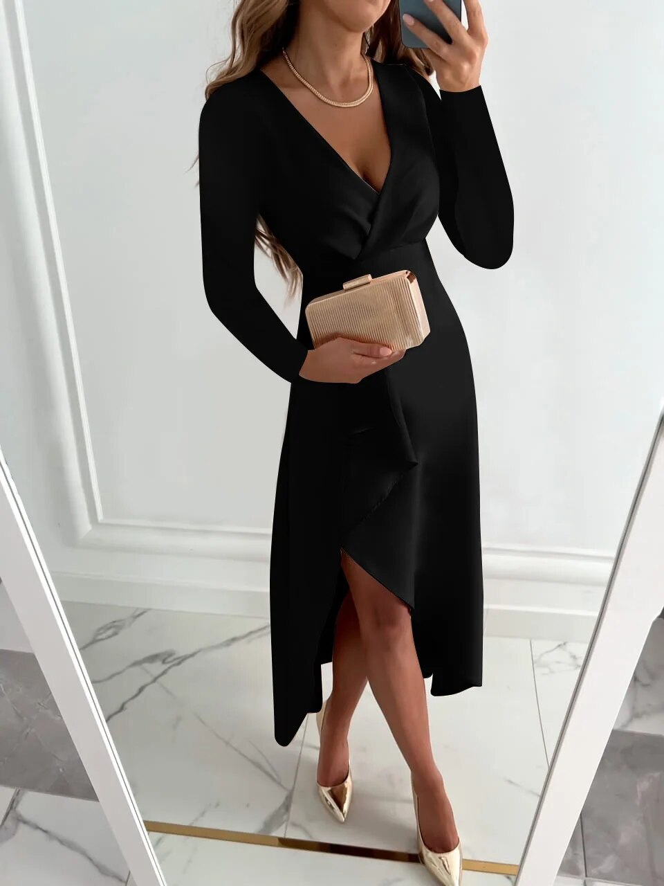 Jurey™ – Elegant V-Neck Sheath Midi Dress with Slit Design