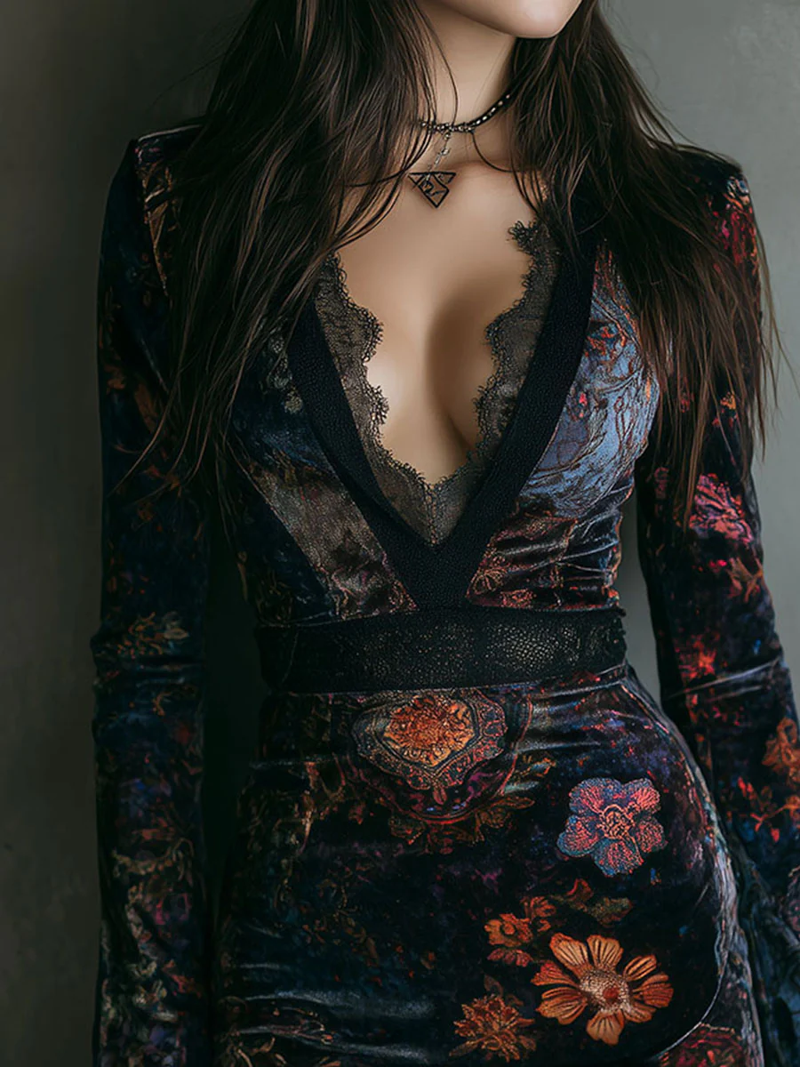 Brita™ - Mini Dress in Floral velour with Lace