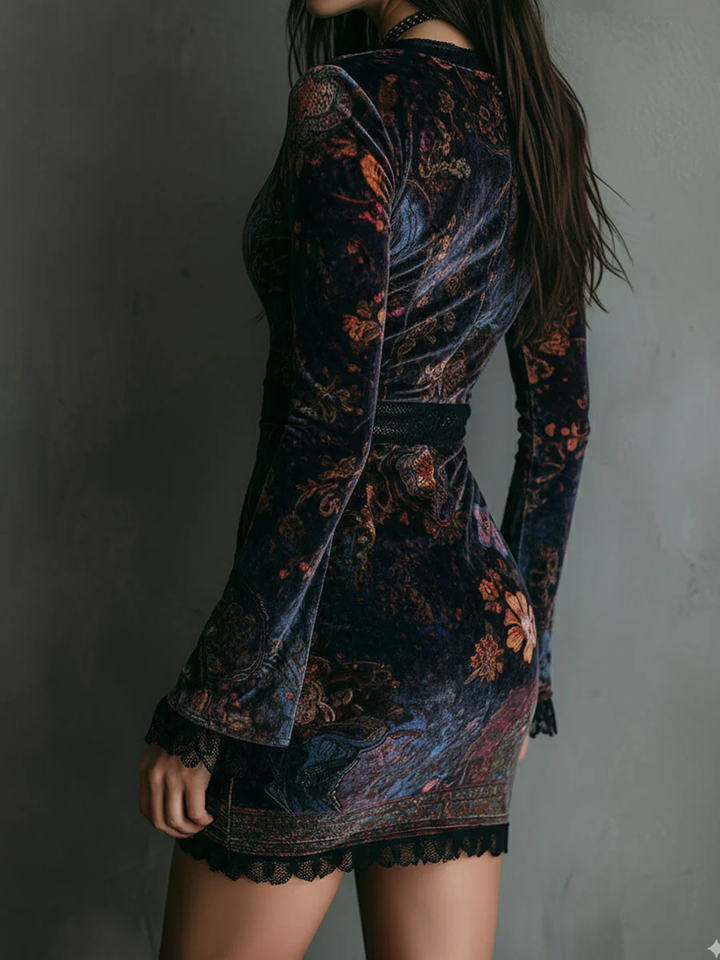 Brita™ - Mini Dress in Floral velour with Lace