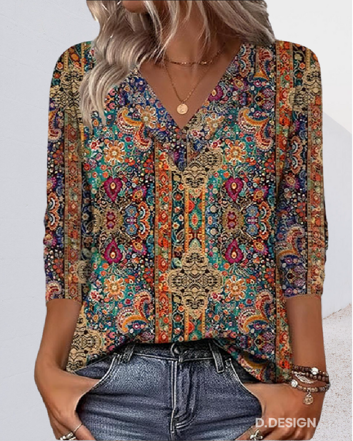Ayla™ - Retro Printed Blouse with V-Neck