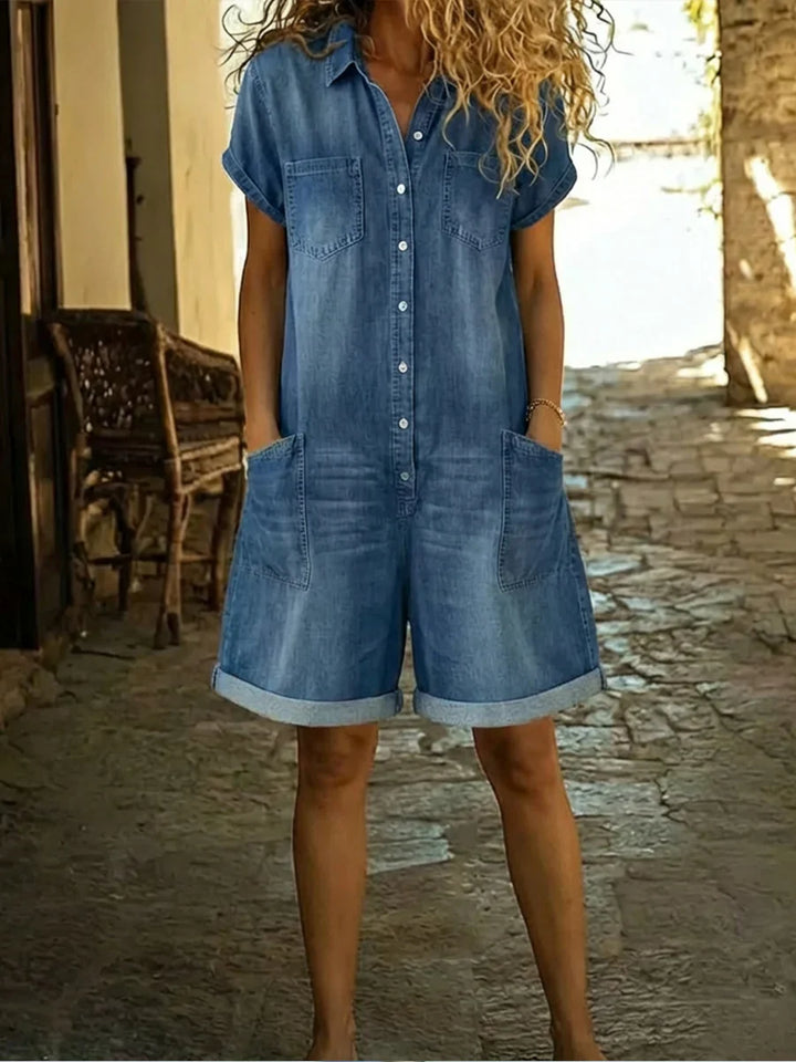 Enora™ - Denim Playsuit with a Collar and Short Sleeves